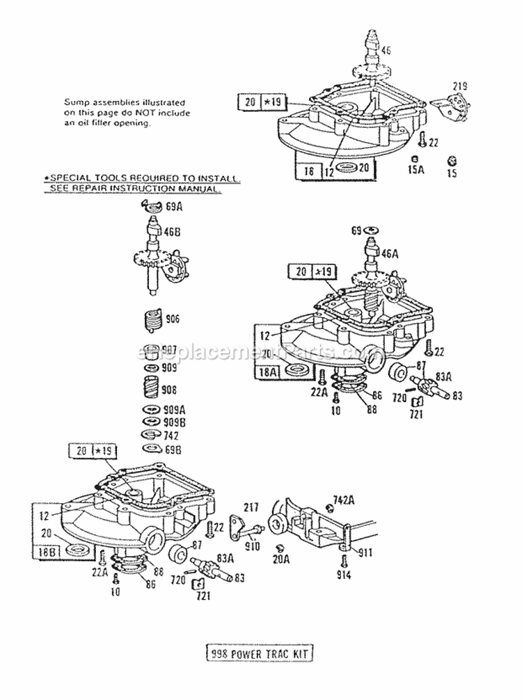(3) Sump Base Assemblies Diagram and Parts List for 094908-0505-01  Briggs and Stratton Engine